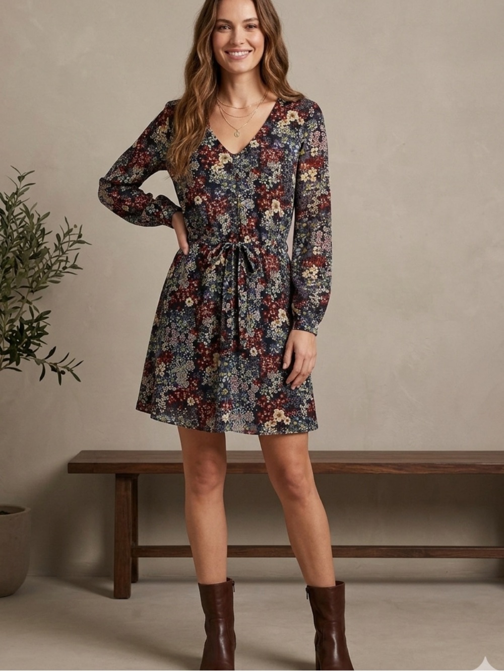 👗AG Adriano Goldschmied Navy Floral V-Neck dress with Red, White, Yellow Accents